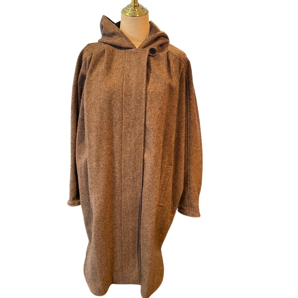 Central Park International Vintage Brown Herringbone Wool Blend Hooded Coat‎ S
